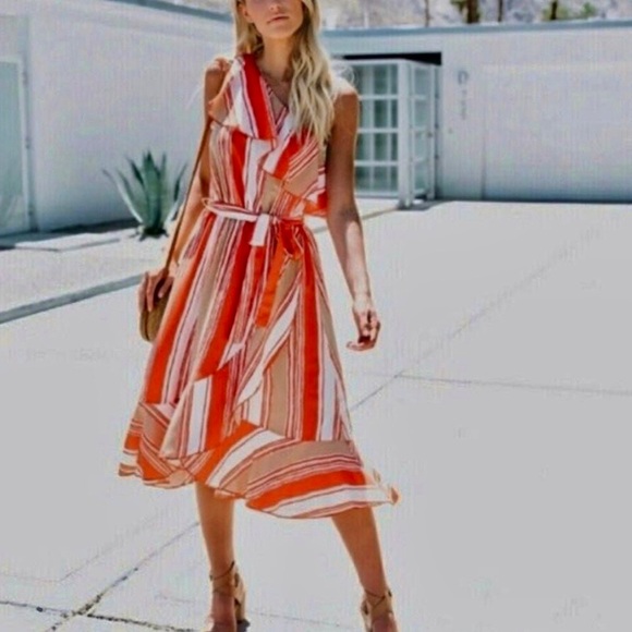 VICI stripe, ruffle one shoulder faux wrap midi dress. w/sash tie M ⚡️FLASH SALE - Picture 10 of 16